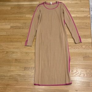 Chic Long Sleeve Ribbed Dress with Pink Trim